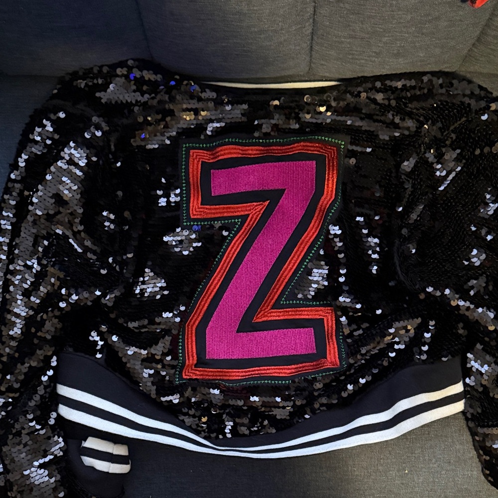 Zumba Fitness Black Sequin Varsity Jacket with Pink Z